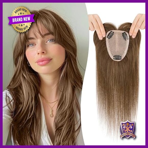 Human Hair Topper with Bangs, 12 Inch Clip On, Remy Hair, No Tangle main image 5